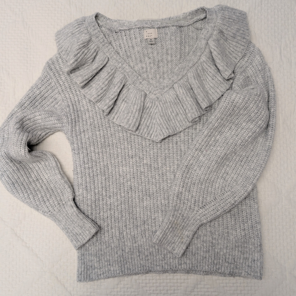 Gray Ruffled V-Neck Sweater